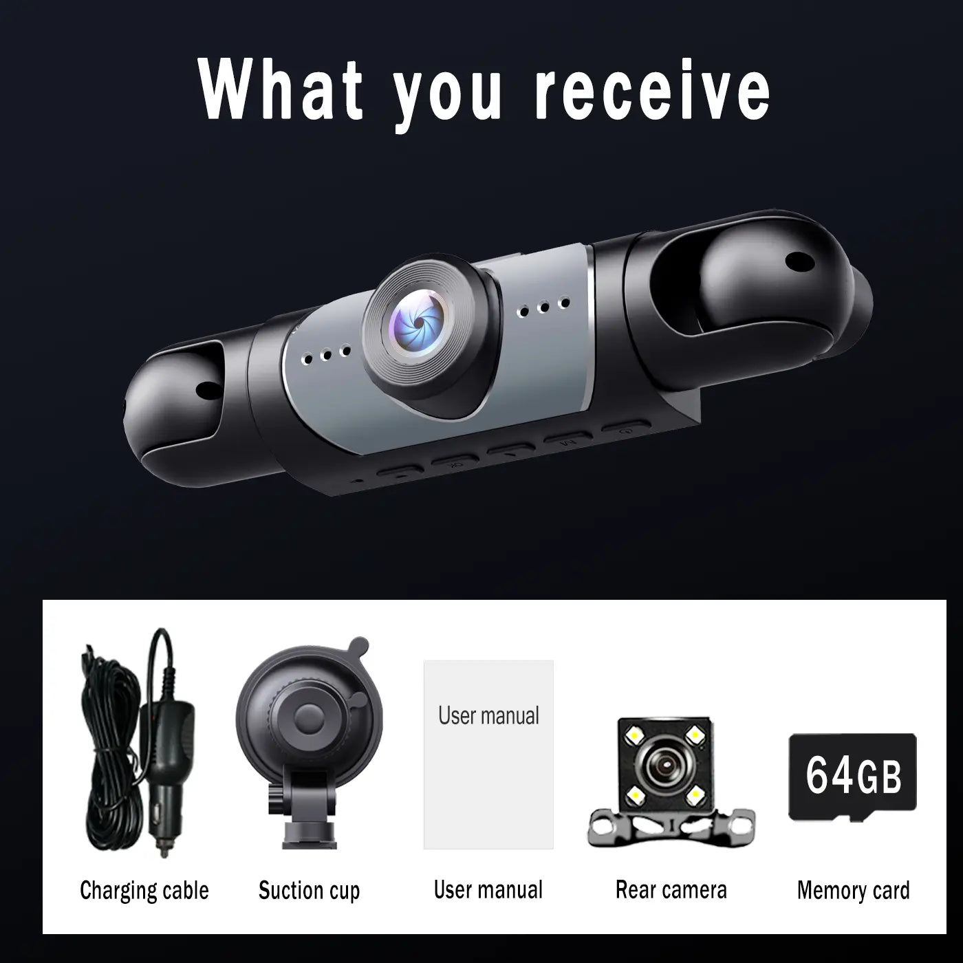 BCUOZ 4-Channel Dash Cam - 1080P Full HD Front + 720P Rear Coverage, Super Night Vision, G-Sensor, Includes Free 64GB Memory Card, 24H Parking Mode, Non-Wireless