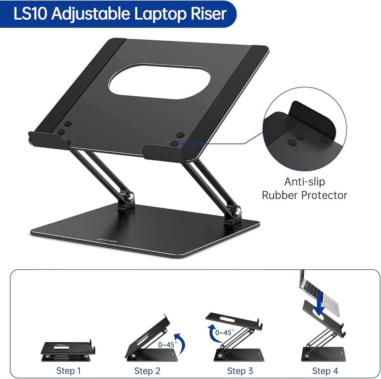 LS10 Ergonomic Adjustable Laptop Stand for Desk - Foldable and Portable Notebook Holder Compatible with 10-14" Laptops, Black