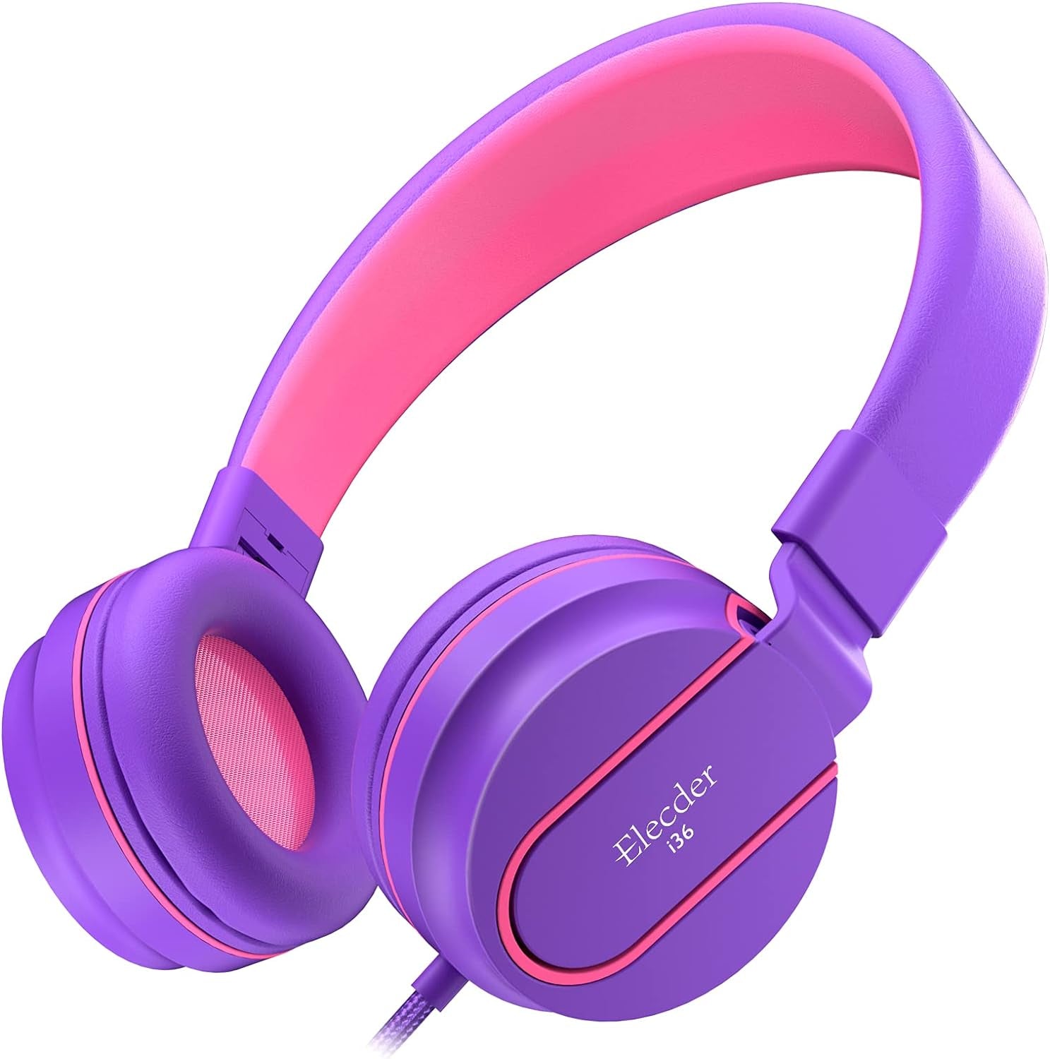 I36 Foldable Adjustable Kids Headphones for Boys and Girls - Compatible with 3.5mm Devices including Cellphones, Computers, and Tablets - Purple/Red