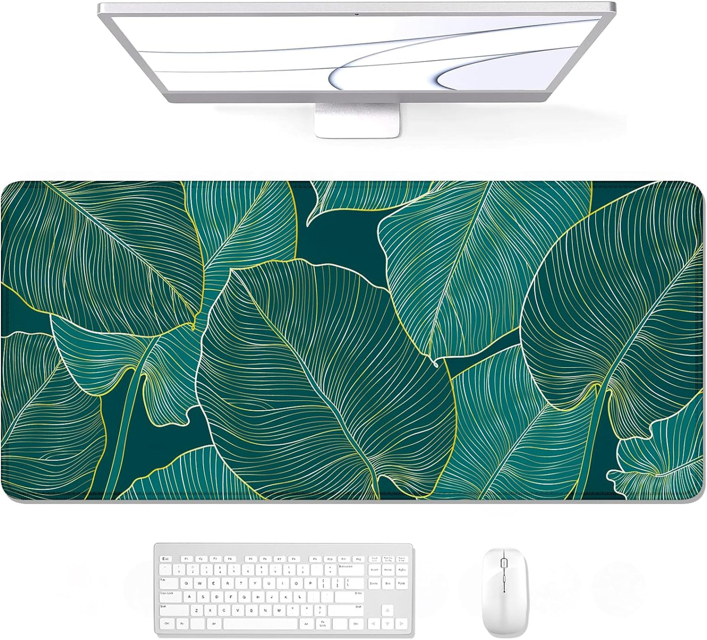 XL Extended Gaming Mouse Pad - 31.5 x 11.8 Inch Waterproof Desk Mat with Stitched Edges and Non-Slip Base, Teal Tropical Leaves Design for Office and Home Use