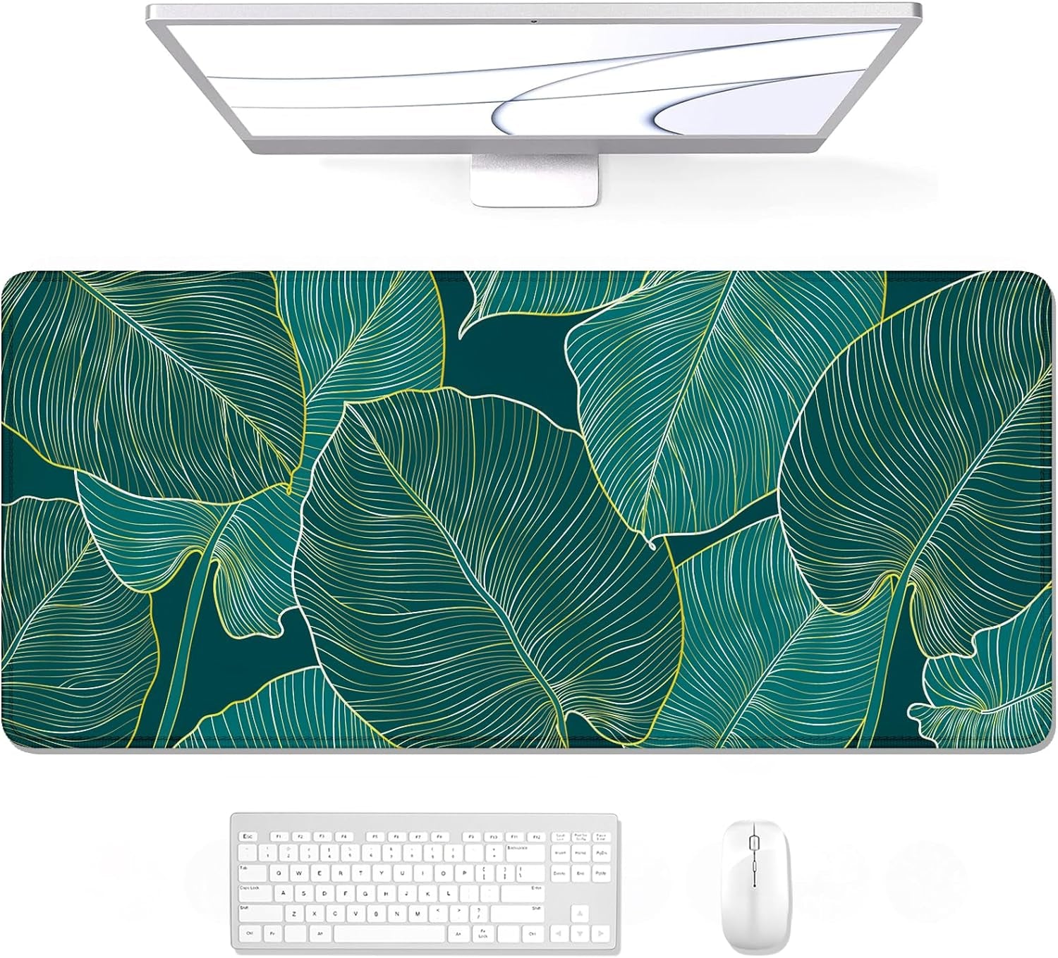 XL Extended Gaming Mouse Pad - 31.5 x 11.8 Inch Waterproof Desk Mat with Stitched Edges and Non-Slip Base, Teal Tropical Leaves Design for Office and Home Use