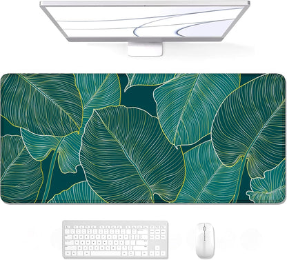 XL Extended Gaming Mouse Pad - 31.5 x 11.8 Inch Waterproof Desk Mat with Stitched Edges and Non-Slip Base, Teal Tropical Leaves Design for Office and Home Use