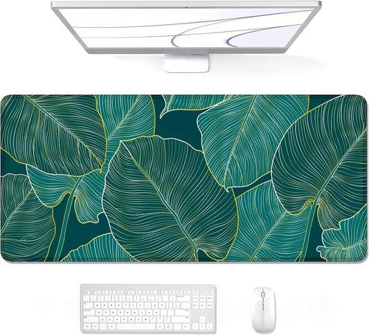 XL Extended Gaming Mouse Pad - 31.5 x 11.8 Inch Waterproof Desk Mat with Stitched Edges and Non-Slip Base, Teal Tropical Leaves Design for Office and Home Use
