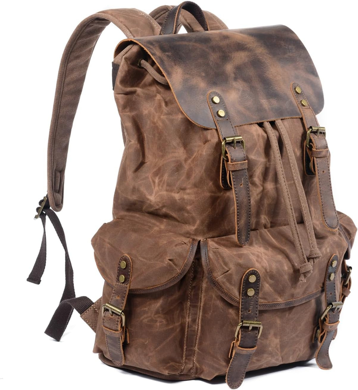 Men's Leather and Waxed Canvas Travel Backpack with Shoulder Strap