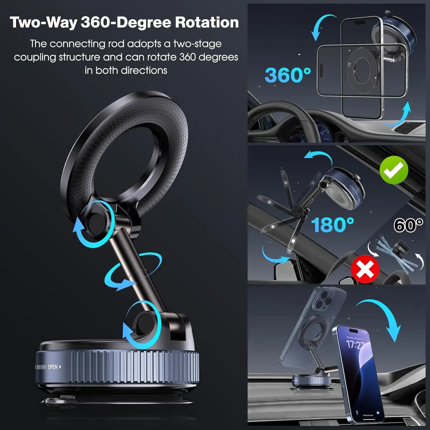 Vacuum Magnetic Suction Phone Holder, Foldable and Retractable Hands-Free Suction Cup Phone Mount for Car/Gym/Mirror/Smooth Surface, Compatible with Iphone Android and All Smartphones