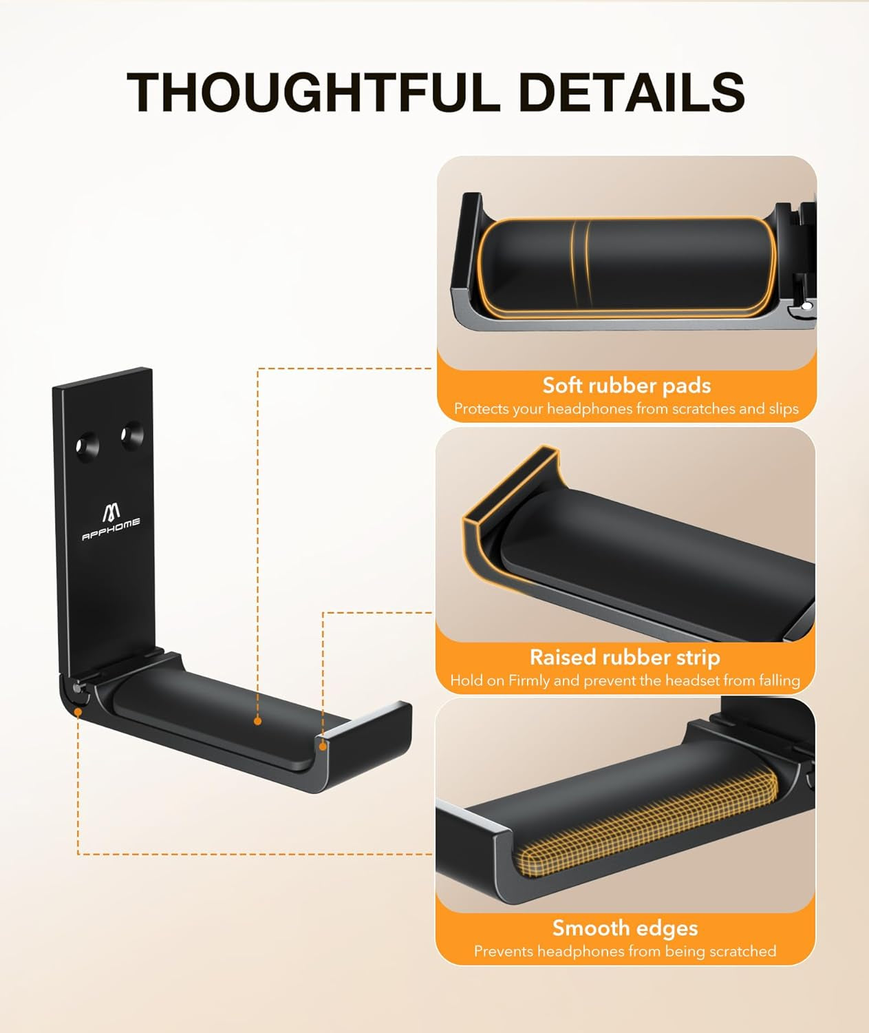 Foldable Headphone Stand and Headset Holder Mount with No-Scratch Silicone Pad Wall Hook for Gaming Headsets, Space-Saving Under Desk Hanger with Strong Adhesive for PC, Home, and Office, Black