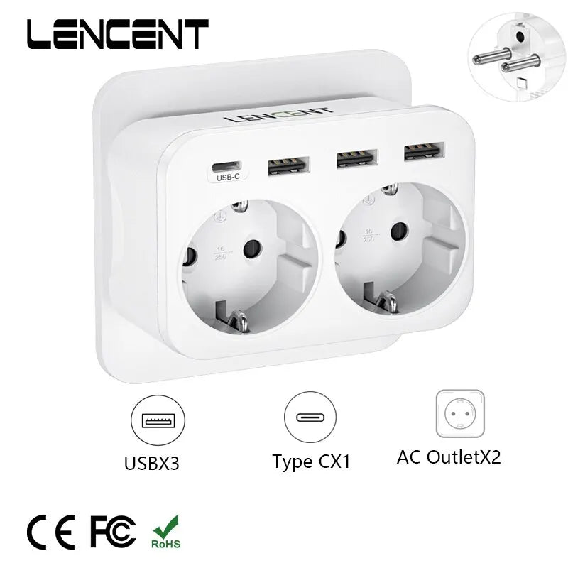 LENCEN EU Wall Socket Extender with Dual AC Outlets, Three USB Ports, and 5V 2.4A Type-C Power Charger Adapter featuring Overload Protection for Home and Office Use