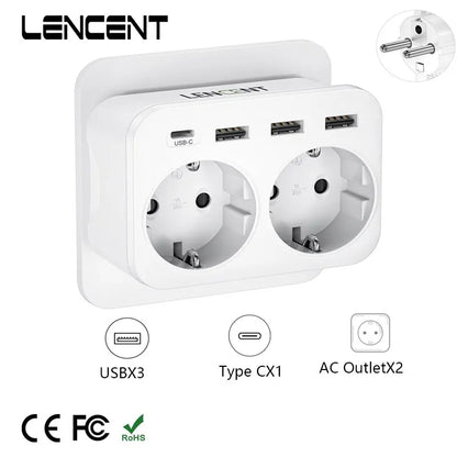LENCEN EU Wall Socket Extender with Dual AC Outlets, Three USB Ports, and 5V 2.4A Type-C Power Charger Adapter featuring Overload Protection for Home and Office Use