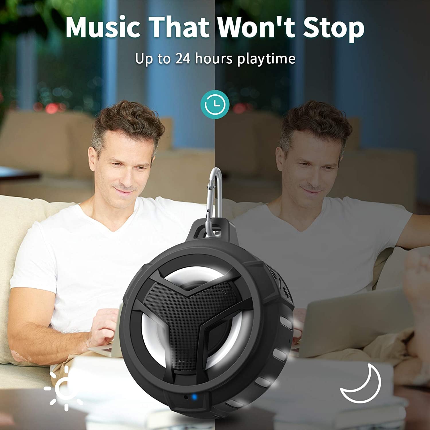 Bluetooth Shower Speaker - Portable IP67 Waterproof Wireless Speaker with LED Light, Floating Design, 2000mAh Battery, True Wireless Stereo for Kayaking and Beach Use - Black
